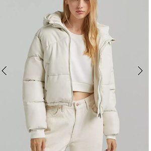 Bershka faux leather hooded puffer in cream